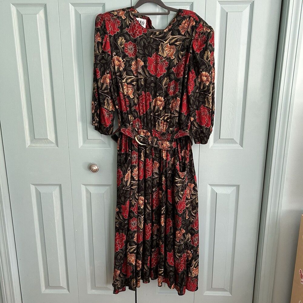 REO Vintage Floral‎ Midi Dress 14 Romantic Prairie Classic Feminine Belted